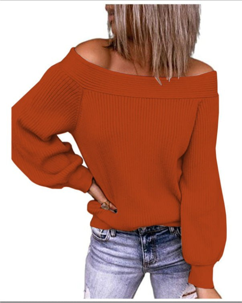 Off-The-Shoulder Loose Knit Sweater One-Neck Solid Color Pullover Women
