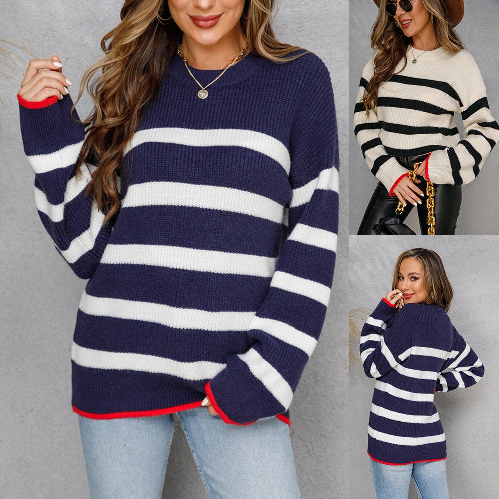 Sweater Pullover Round Neck - Striped Loose
