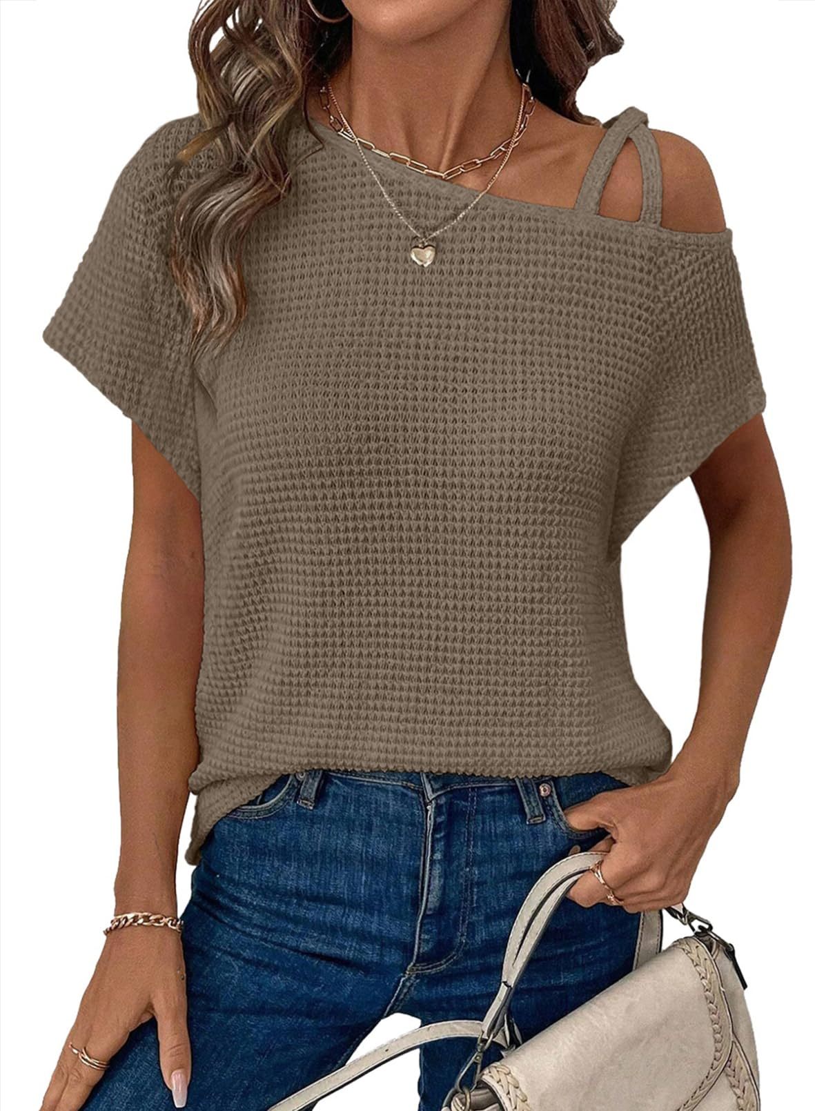 Short-sleeved Off-shoulder Knitted T-shirt Casual Women