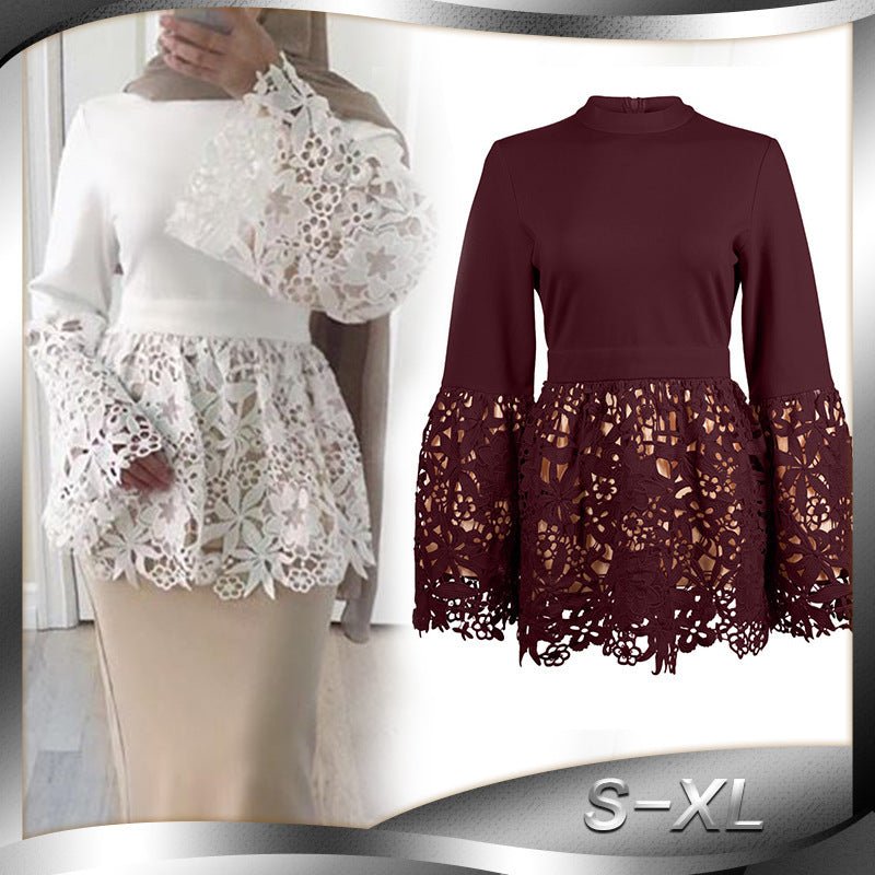 Bell Sleeve Lace Shirt Patchwork Stand-up Collar For Women