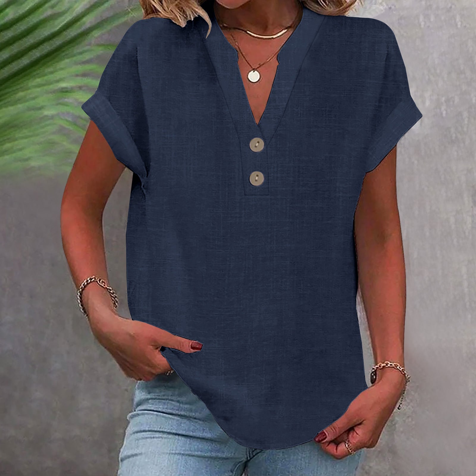 Stand Collar Button Short Sleeve Women's Shirt
