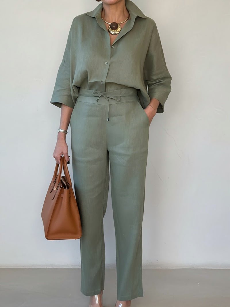 Elegant Polo Collar Linen Shirt And Two-piece Pants