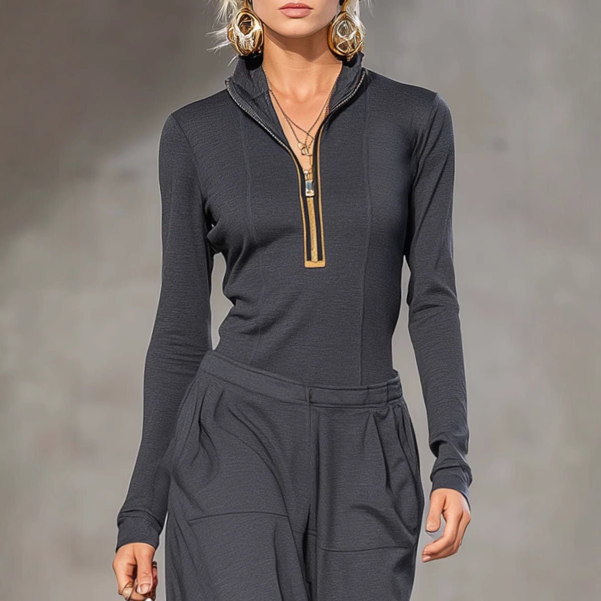 Wide Leg Pocket Trousers and Long Sleeves Top Two-piece Set