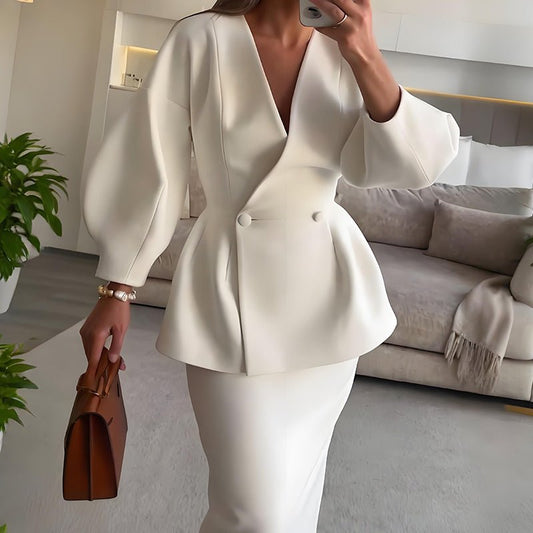 Women's Fashion Puff Sleeve Skirt Suit Professional Elegant