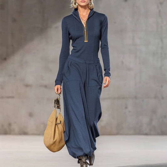 Wide Leg Pocket Trousers and Long Sleeves Top Two-piece Set