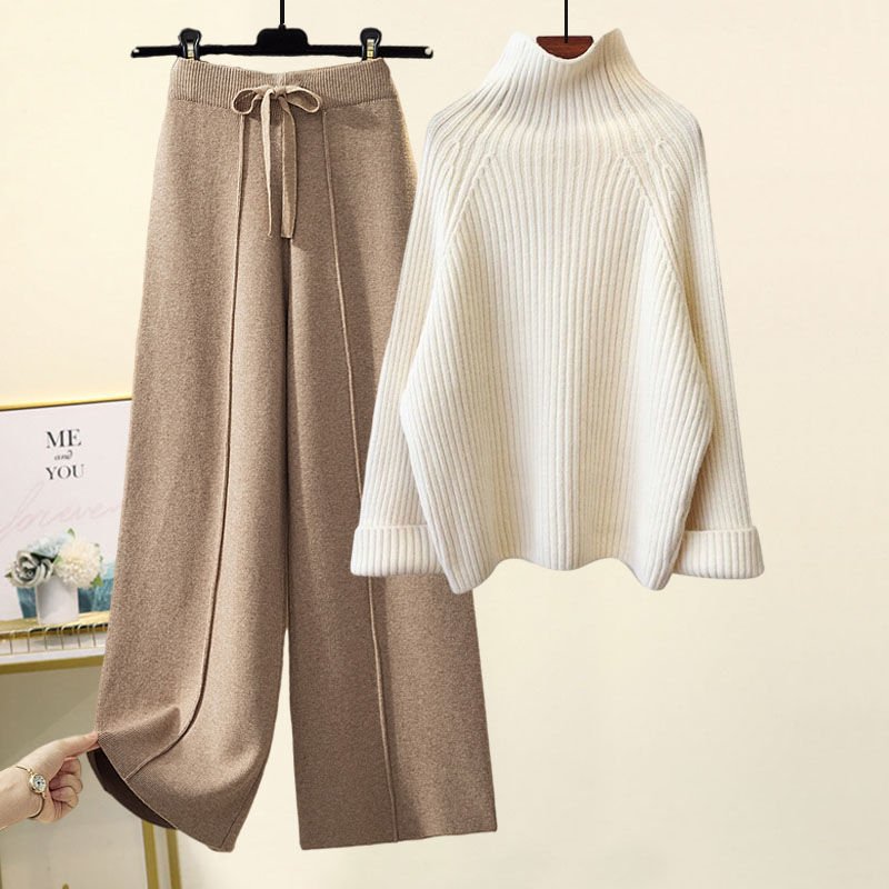 Half Sleeves Sweater Lace-up Wide Leg Pants Suit
