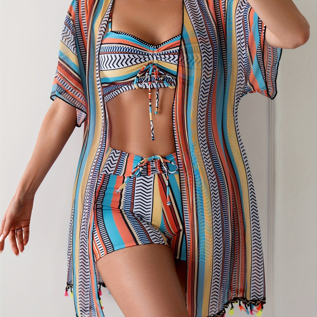 Nautical Breeze 3 - Piece Striped Bikini Set - Saunders Fashion