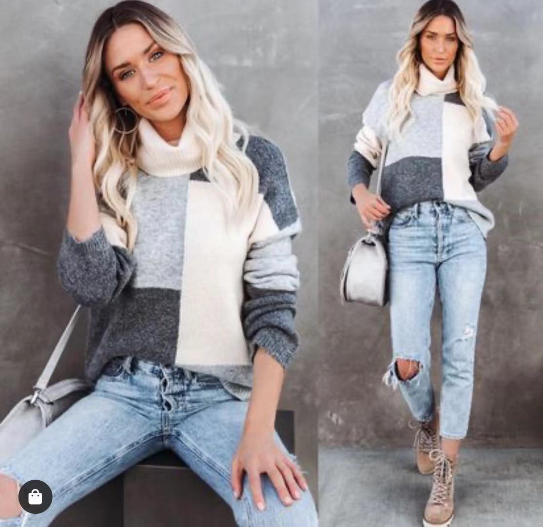 New High Neck Color Matching Sweater Loose Sweater Women