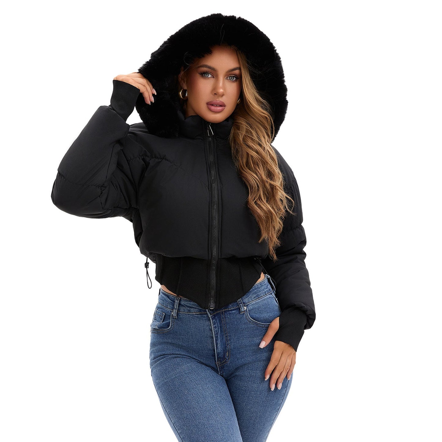 Big Fur Collar Hooded Short Cotton Jacket