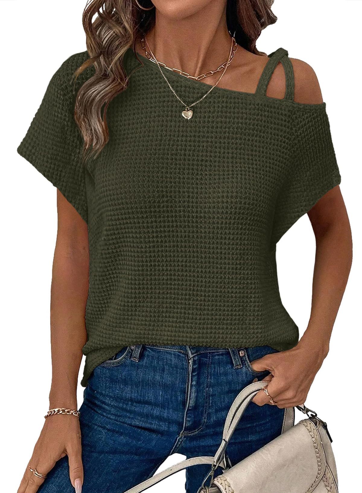 Short-sleeved Off-shoulder Knitted T-shirt Casual Women