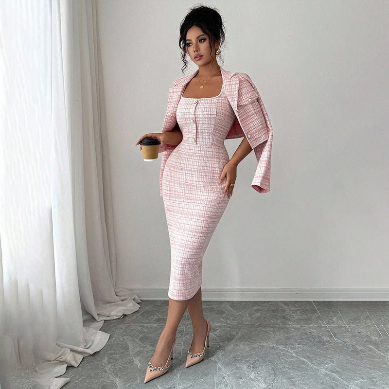 Elegant plaid jacket and dress two-pieces