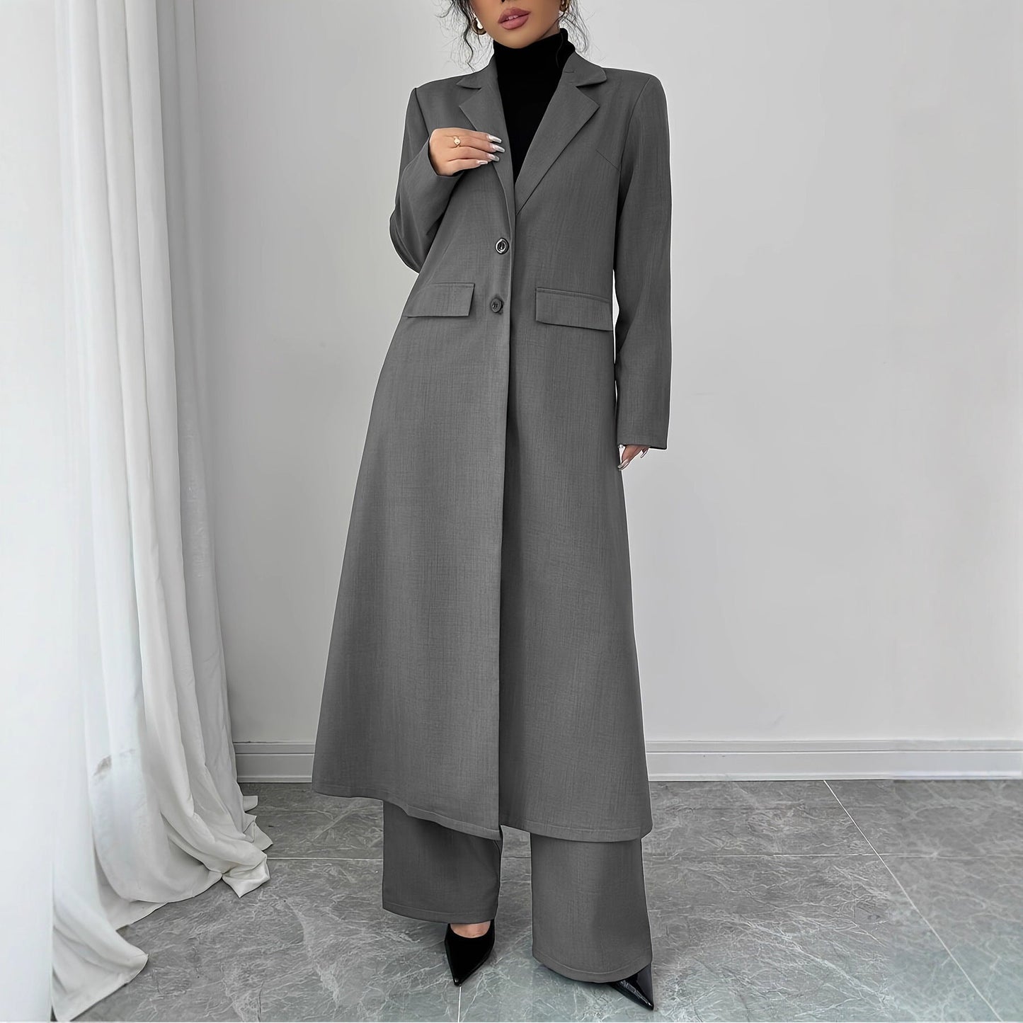 Graceful Two-Piece Suit: Long Jacket Pants Set