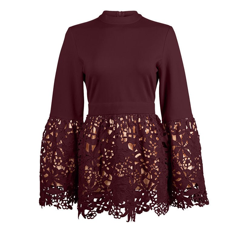 Bell Sleeve Lace Shirt Patchwork Stand-up Collar For Women