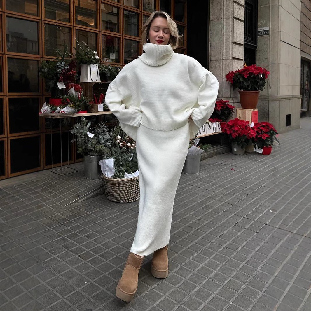 Casual Turtleneck Sweater Skirt Suit for Women