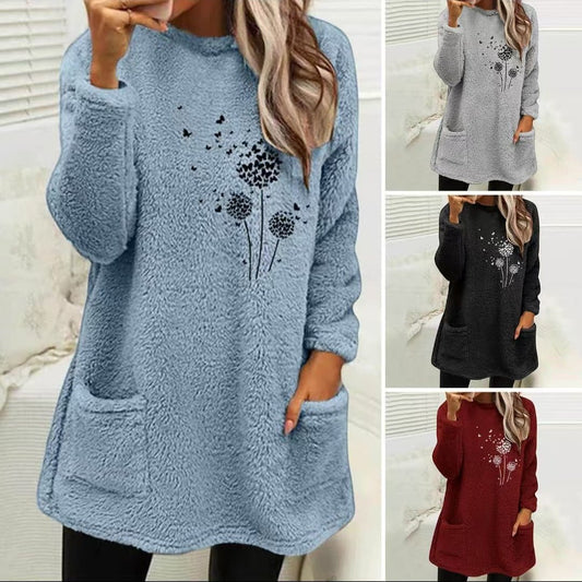 Plant Print Double-sided Velvet Pocket Round Neck Sweater