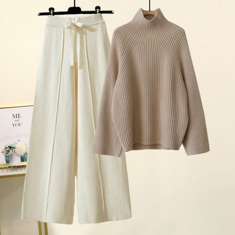 Half Sleeves Sweater Lace-up Wide Leg Pants Suit