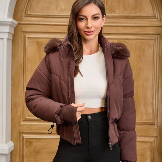 Big Fur Collar Hooded Short Cotton Jacket