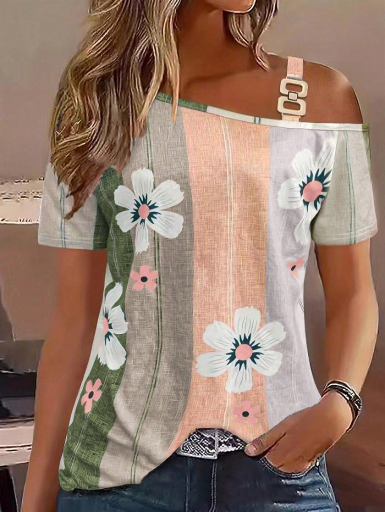 Floral Print Button Knit Cold Shoulder Tee