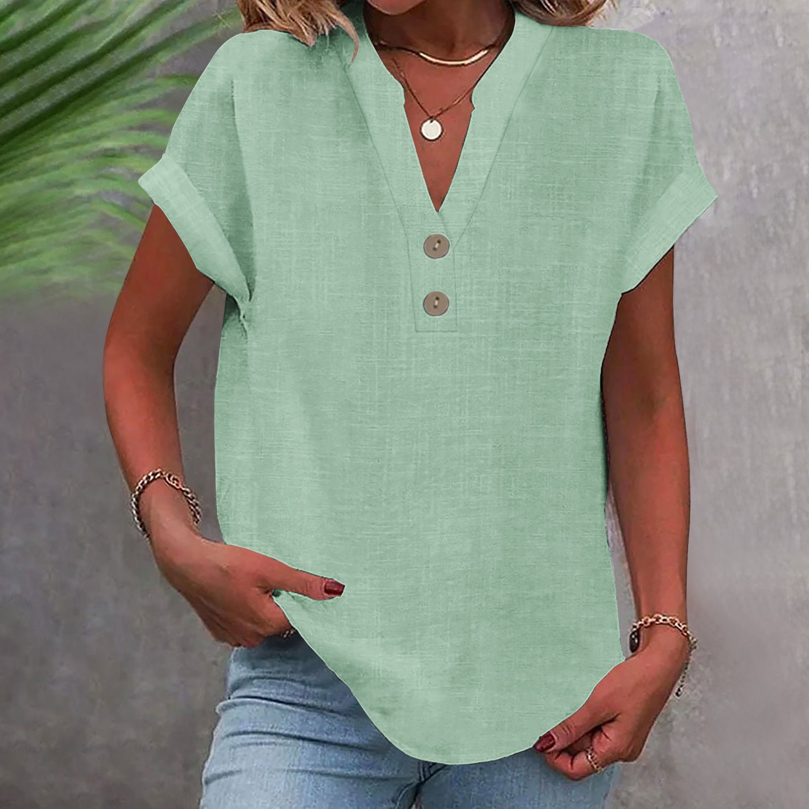 Stand Collar Button Short Sleeve Women's Shirt