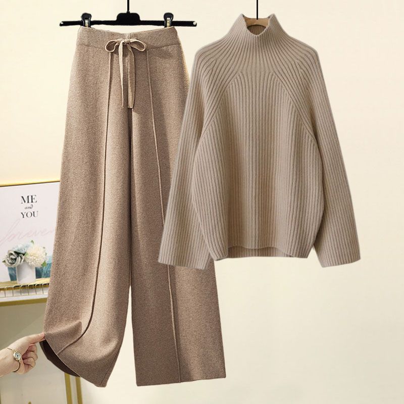 Half Sleeves Sweater Lace-up Wide Leg Pants Suit