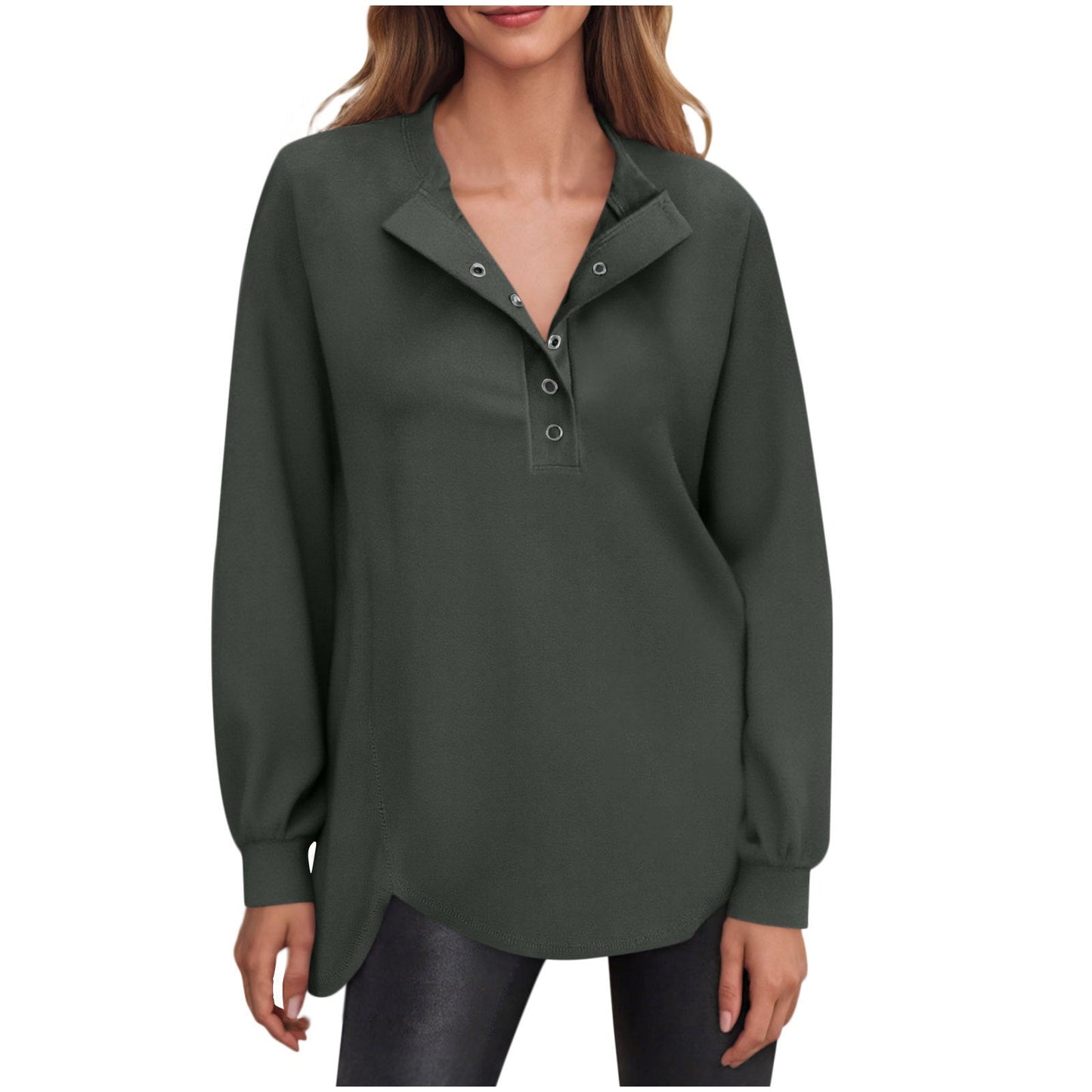 Women's Fashion Casual Solid Color Round Neck Button Long Sleeve Top