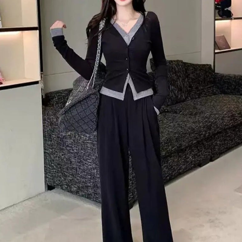 Women's High Waist Wide Leg Pants with top Two-piece Set
