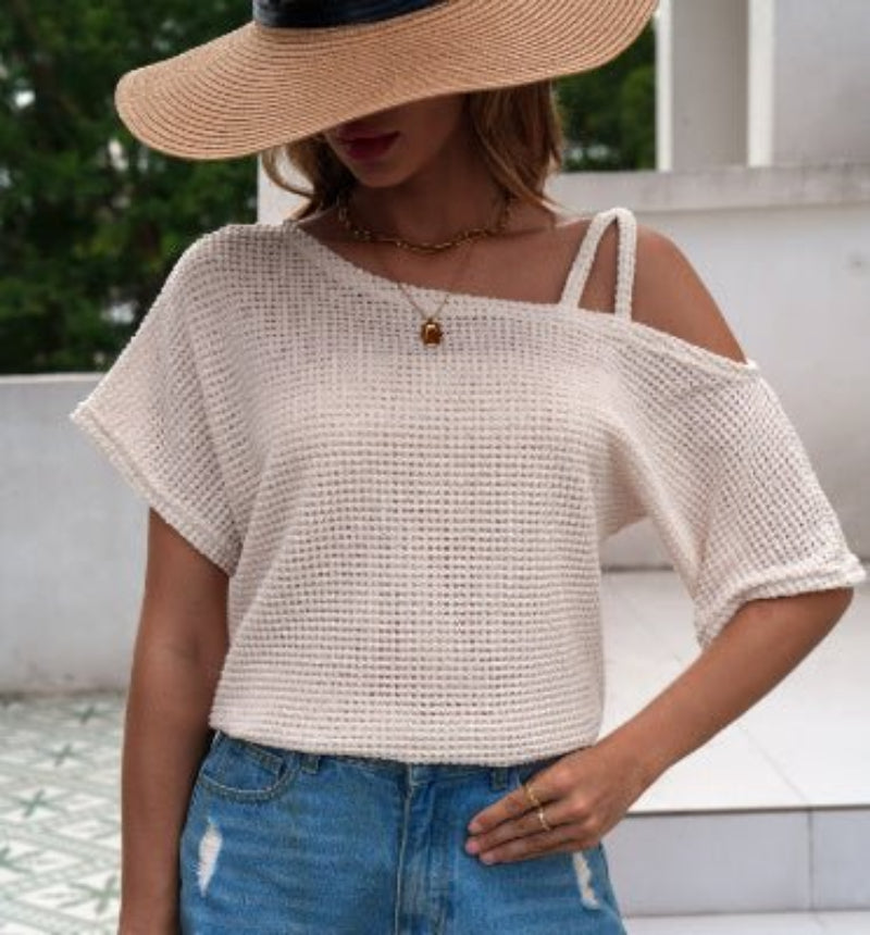 Short-sleeved Off-shoulder Knitted T-shirt Casual Women