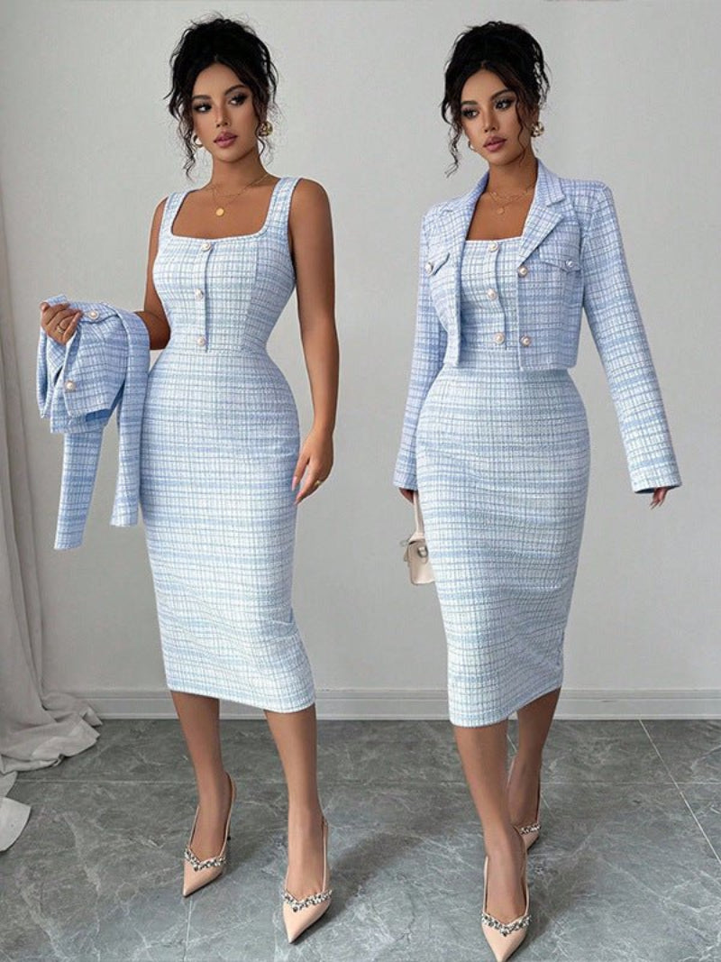 Elegant plaid jacket and dress two-pieces