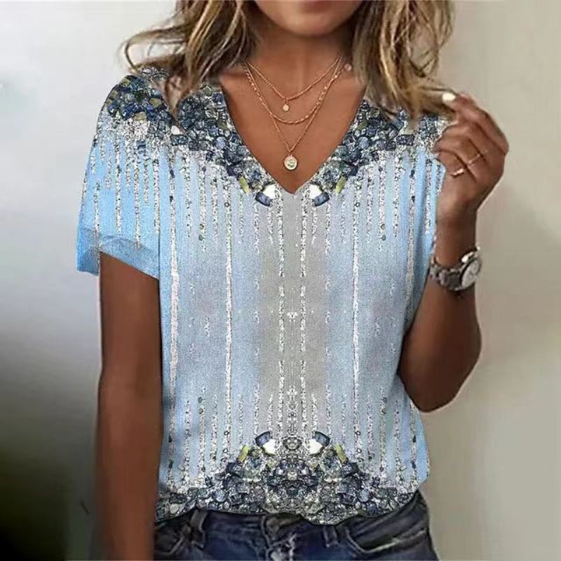 V-neck Floral Print Short Sleeve Tee Vibrant Casual