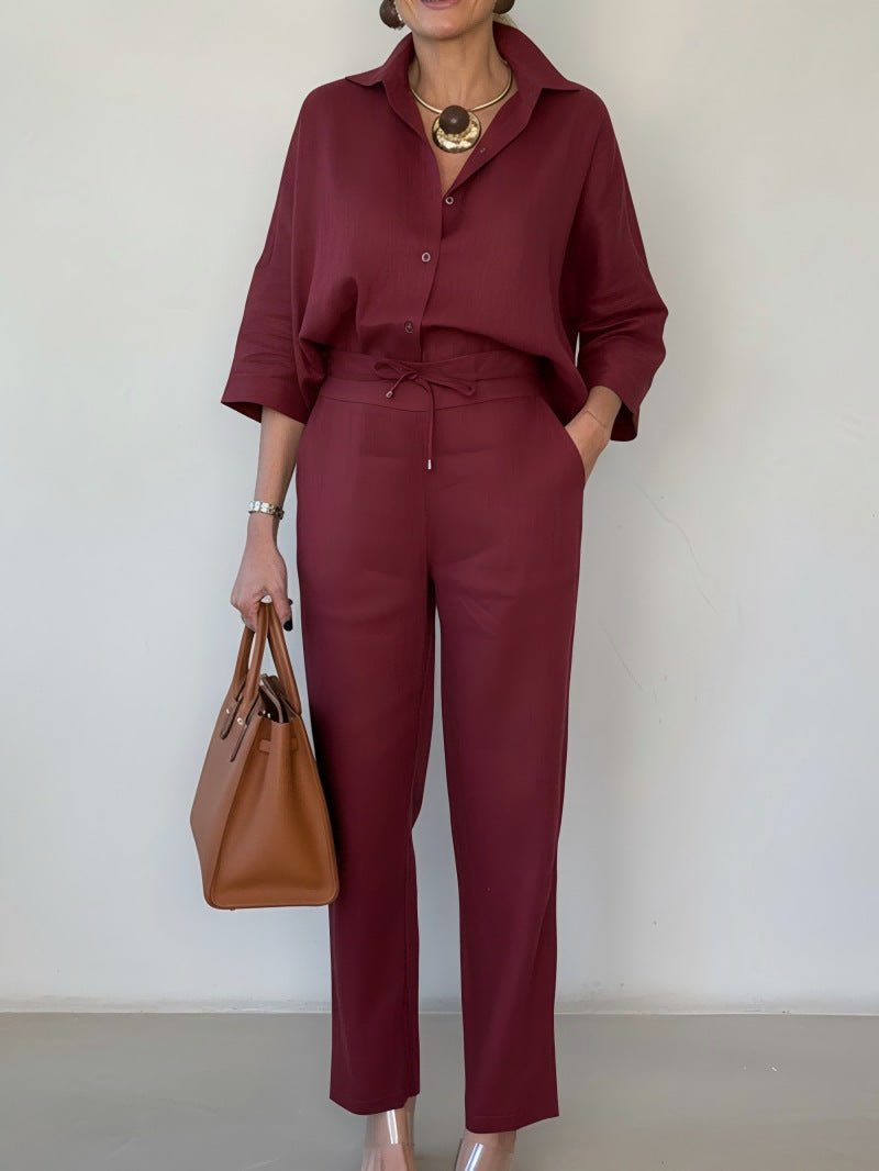 Elegant Polo Collar Linen Shirt And Two-piece Pants