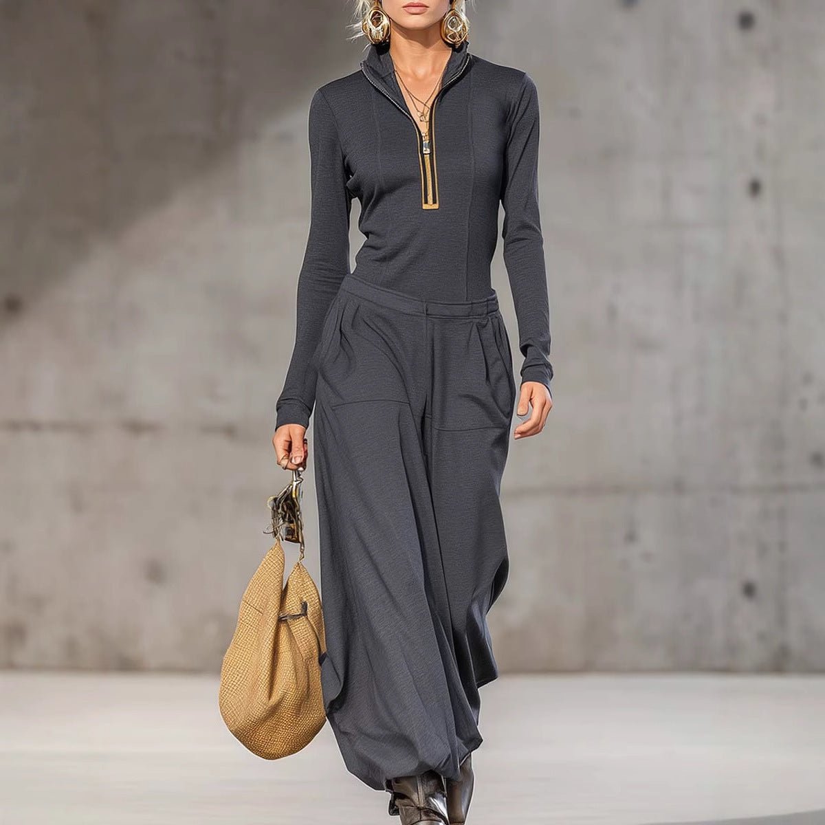 Wide Leg Pocket Trousers and Long Sleeves Top Two-piece Set