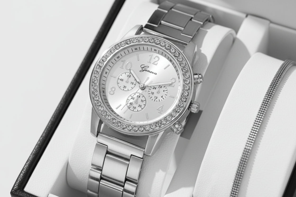 Diamond Luxe - Three - Eye Quartz Watch and Jewelry Set - Saunders Fashion
