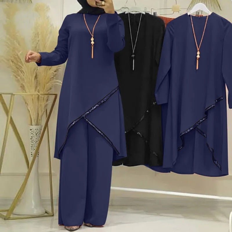 O-collar Long Sleeve Shirt Wide Leg Pants Suit Casual