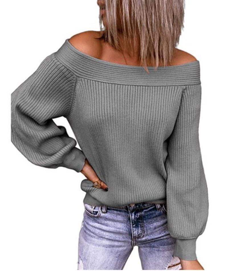 Off-The-Shoulder Loose Knit Sweater One-Neck Solid Color Pullover Women