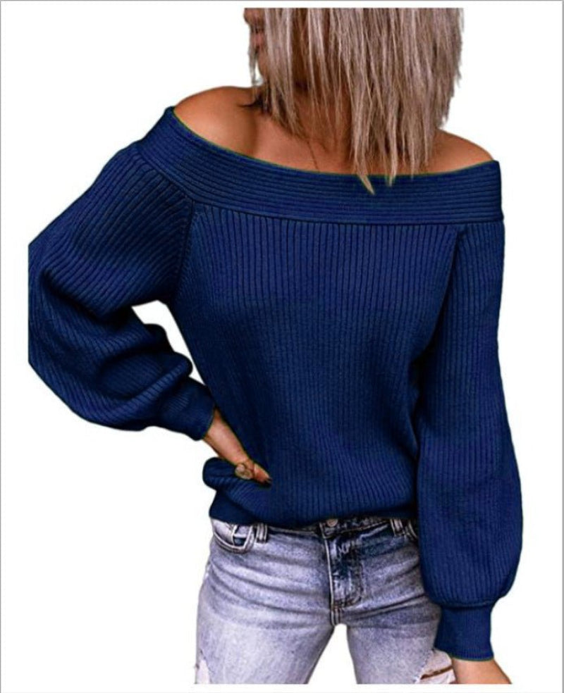 Off-The-Shoulder Loose Knit Sweater One-Neck Solid Color Pullover Women