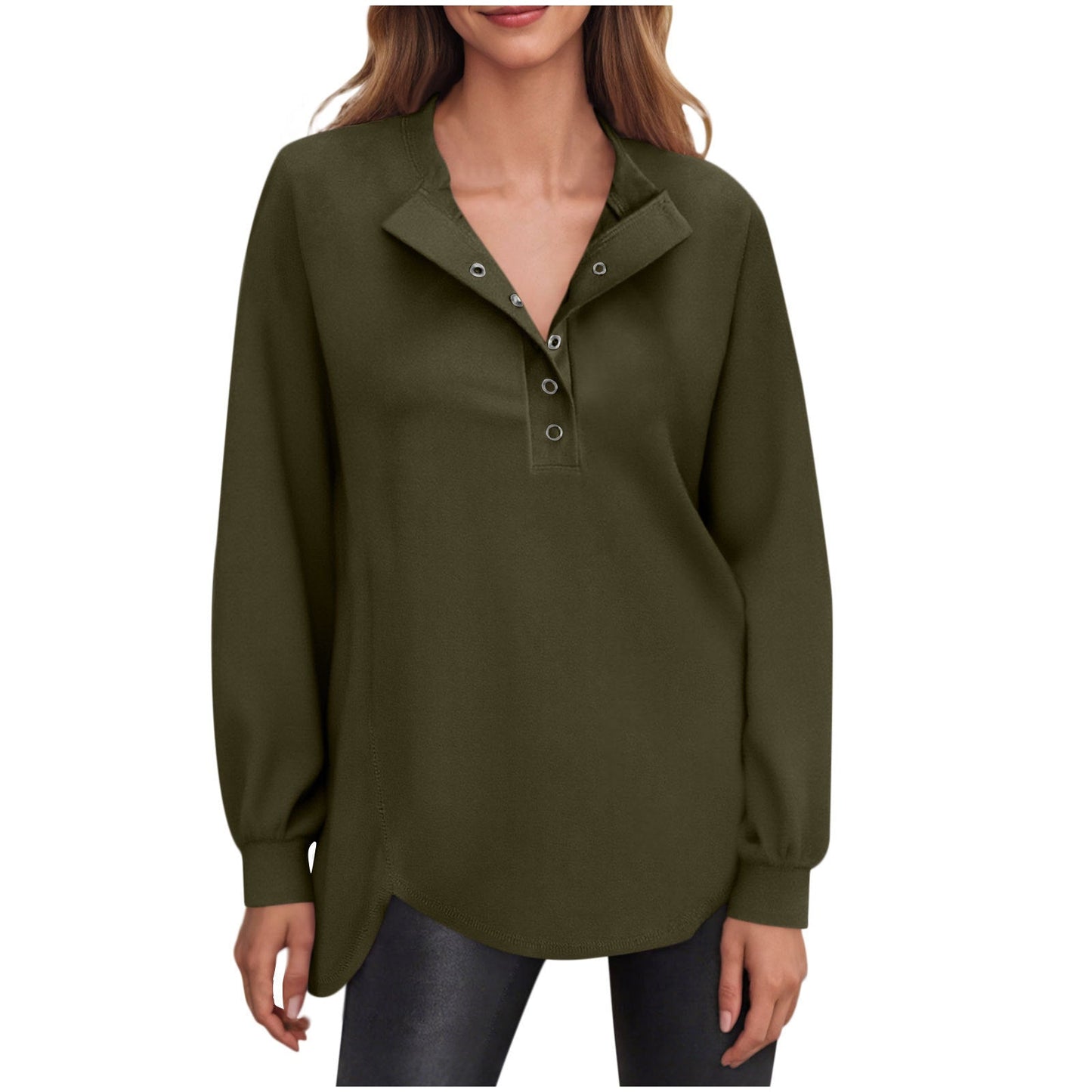 Women's Fashion Casual Solid Color Round Neck Button Long Sleeve Top