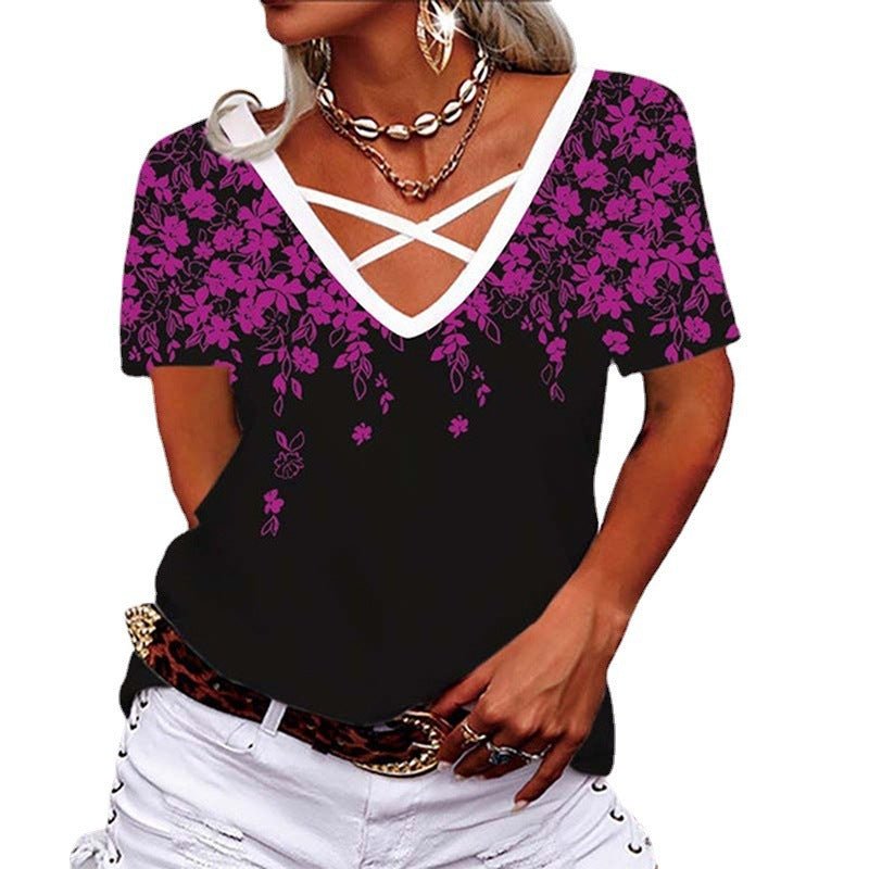 Loose V-neck Cross Printed T-shirt Casual Wear