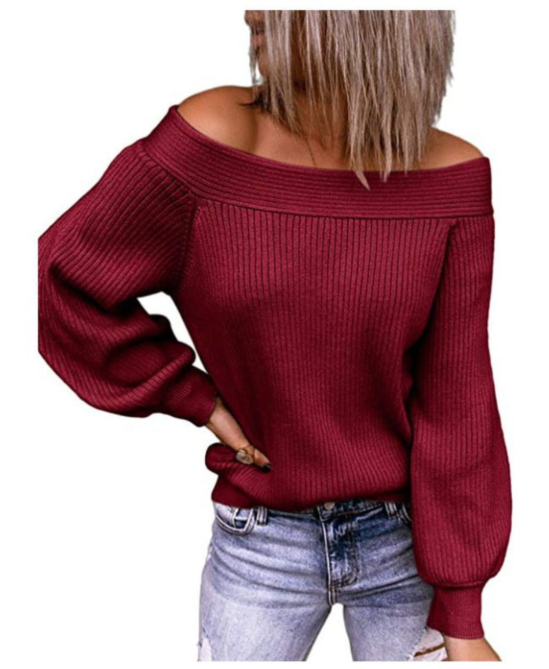 Off-The-Shoulder Loose Knit Sweater One-Neck Solid Color Pullover Women