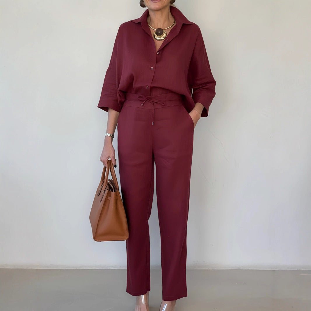 Elegant Polo Collar Linen Shirt And Two-piece Pants