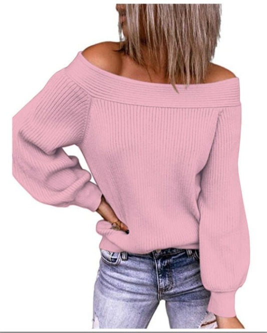 Off-The-Shoulder Loose Knit Sweater One-Neck Solid Color Pullover Women