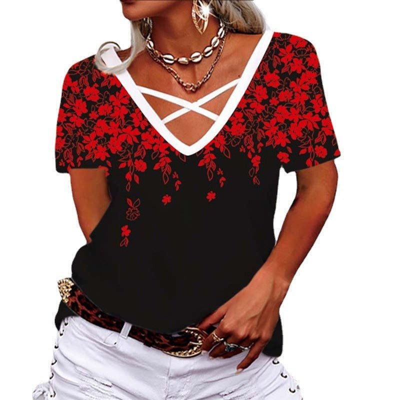 Loose V-neck Cross Printed T-shirt Casual Wear