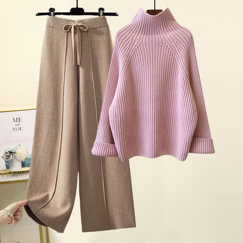Half Sleeves Sweater Lace-up Wide Leg Pants Suit