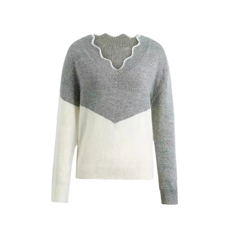 New Autumn And Winter V-neck Color Matching Sweater For Women