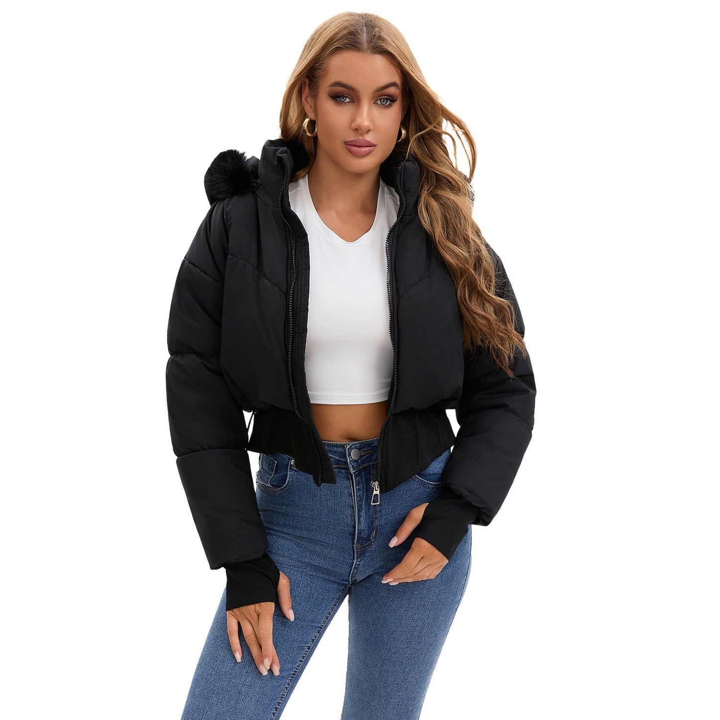 Big Fur Collar Hooded Short Cotton Jacket