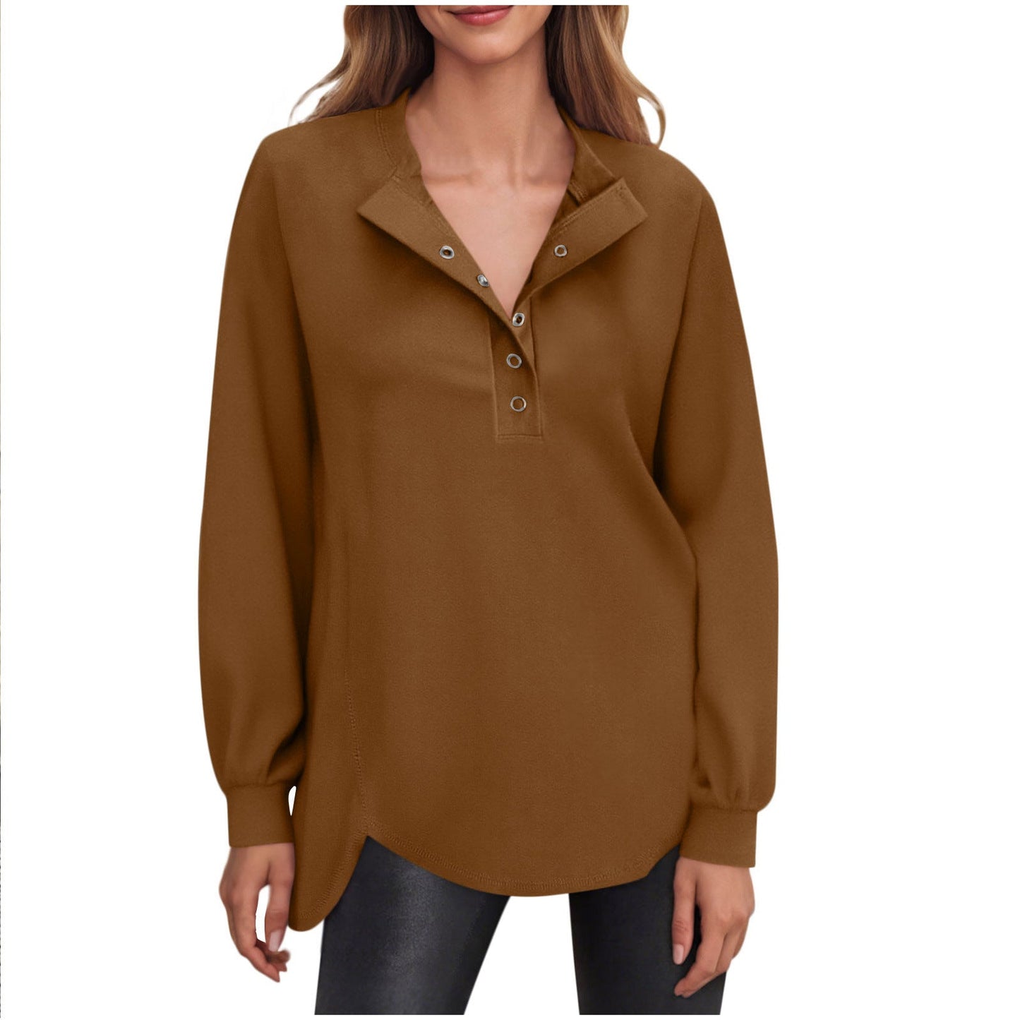 Women's Fashion Casual Solid Color Round Neck Button Long Sleeve Top