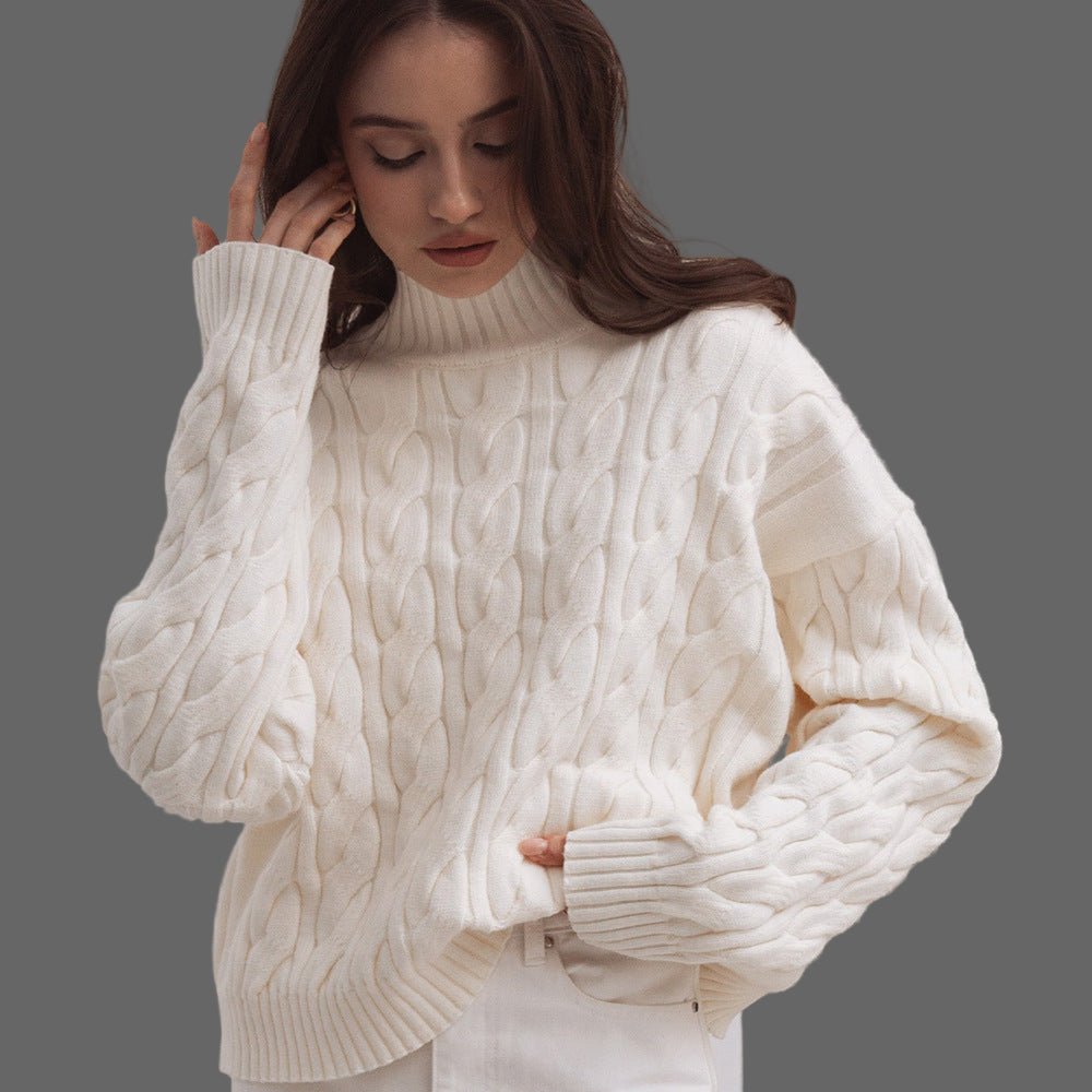 Mock Neck Cable-knit Sweater Loose Pullover Women