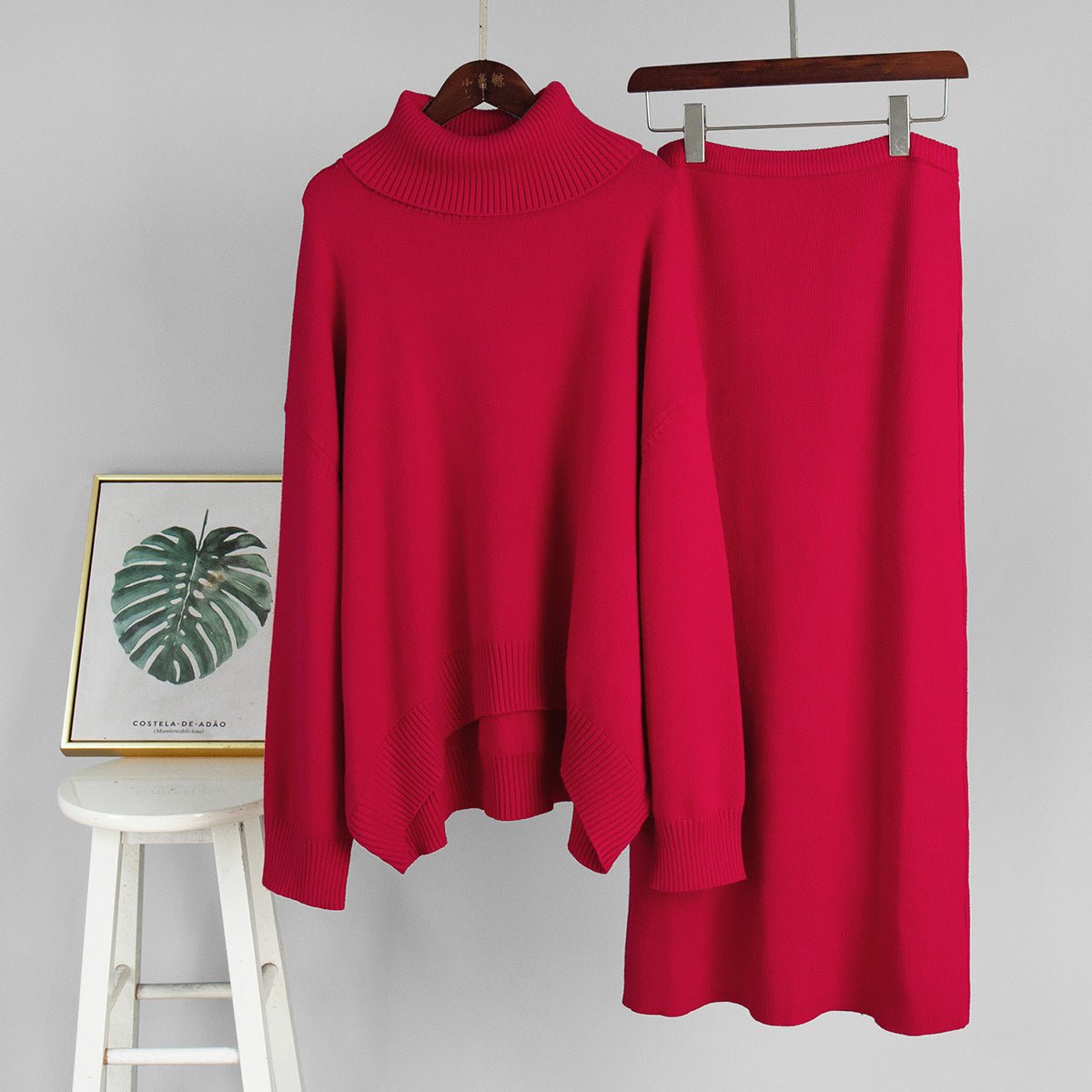 Casual Turtleneck Sweater Skirt Suit for Women