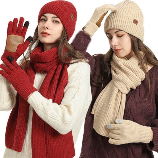 Winter Women's Wool Hat Scarf Gloves Three-Piece Set