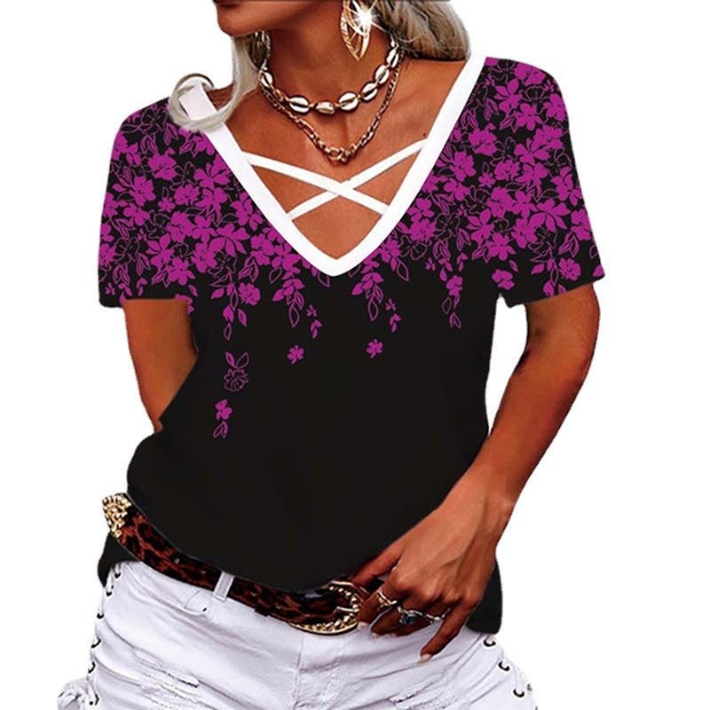 Loose V-neck Cross Printed T-shirt Casual Wear