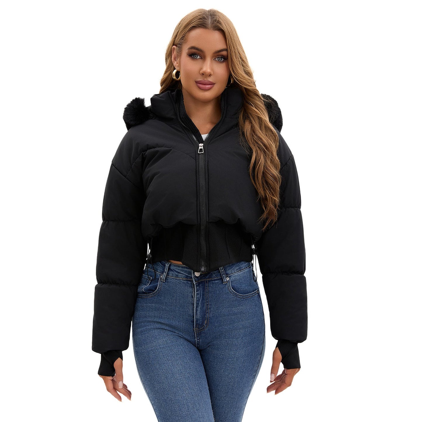Big Fur Collar Hooded Short Cotton Jacket